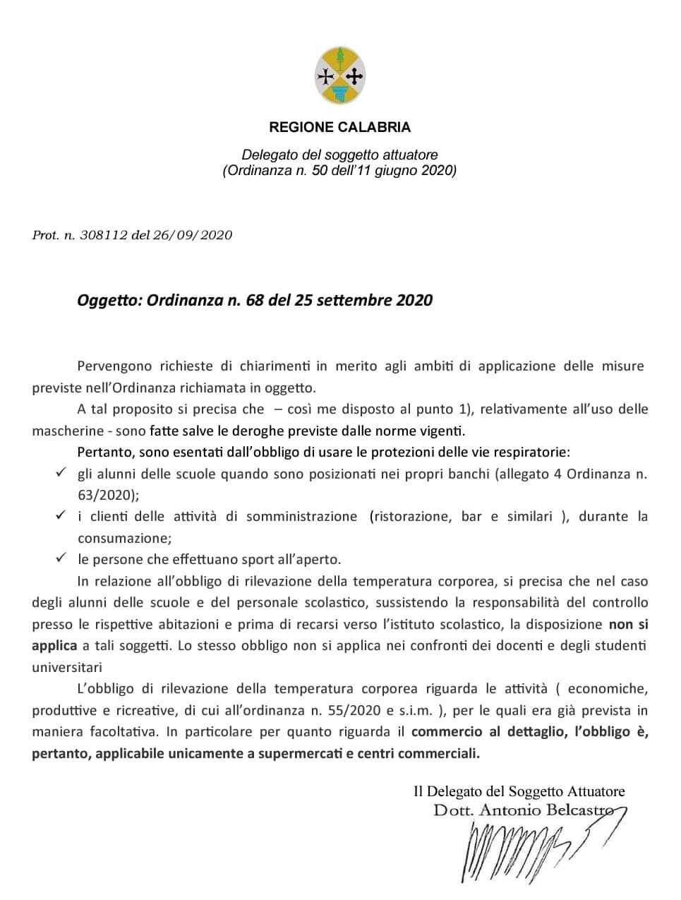 chiarimento ordinanza n. 68 del 25.09.2020